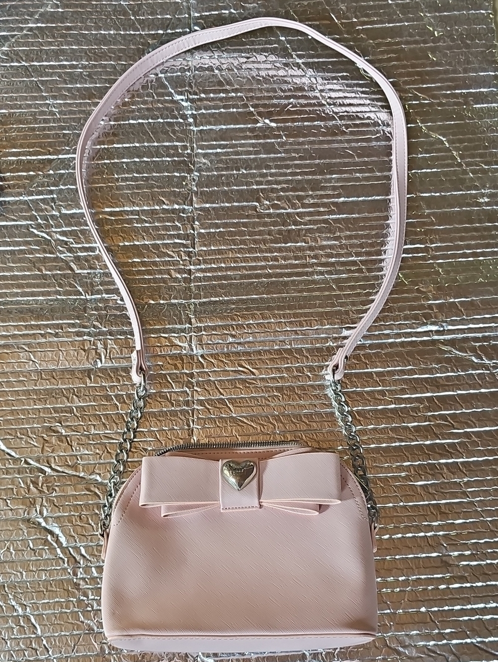 Betsey Johnson Light Pink Bow Crossbody with Heart Accent